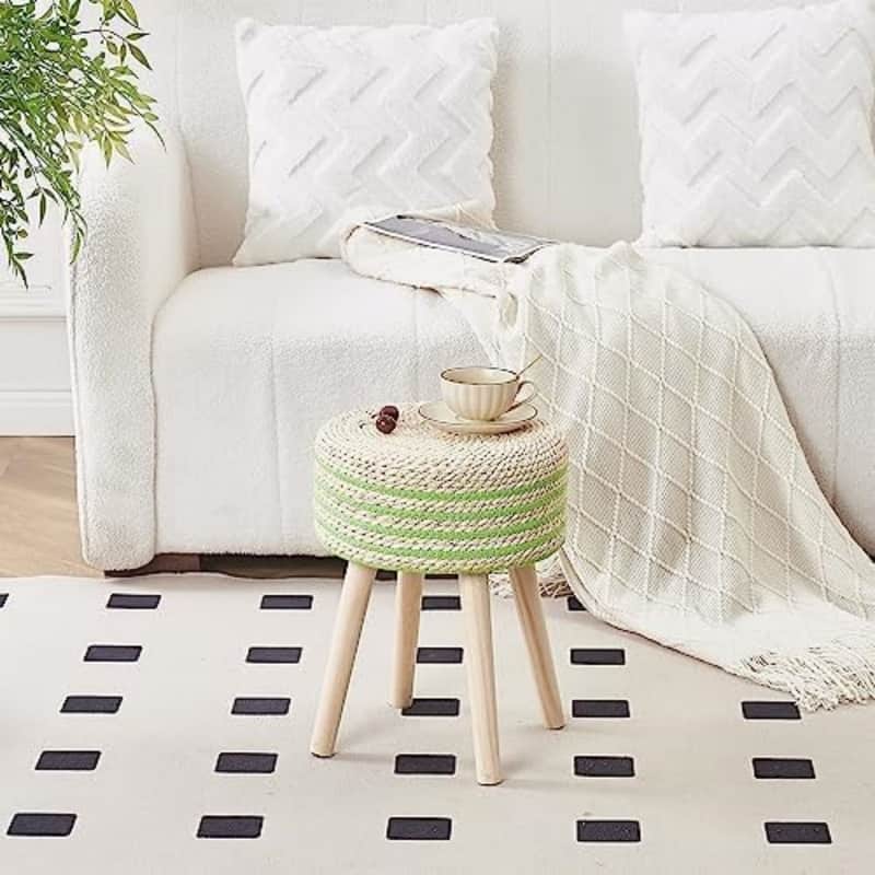 Footstool Ottoman Round with Solid Wood Legs