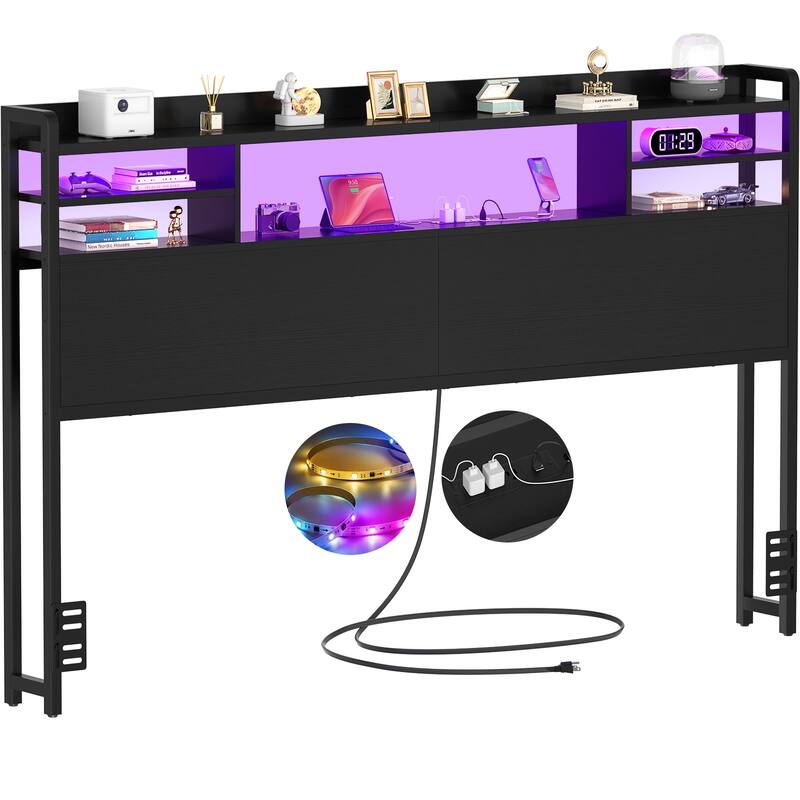 Storage Headboard with USB Port and Power Outlet, Head Board with LED Light for Bed Frame