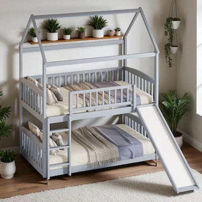Twin Over Twin House Bunk Bed with Slide, Solid Wood Kids Bunk Bed with Guardrails and Ladder, No Box Spring Needed