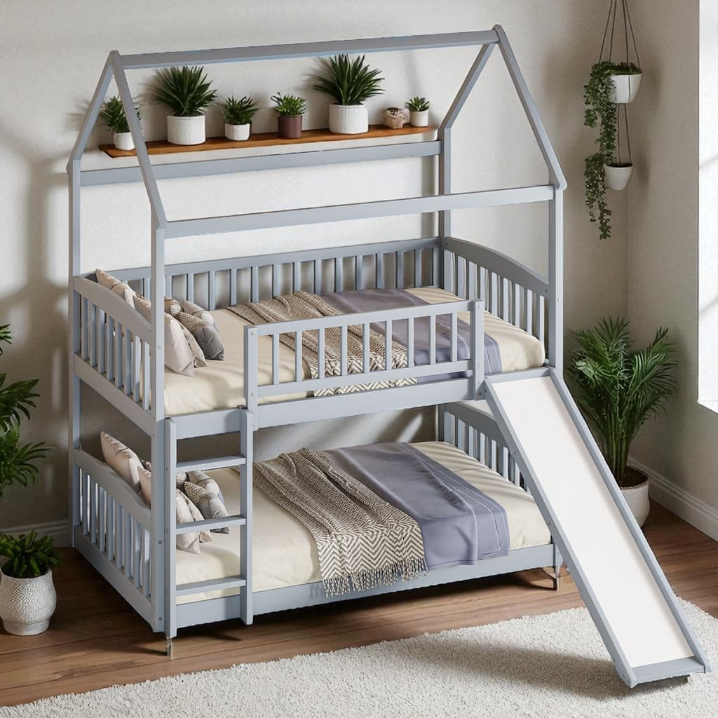 Twin Over Twin House Bunk Bed with Slide, Solid Wood Kids Bunk Bed with Guardrails and Ladder, No Box Spring Needed