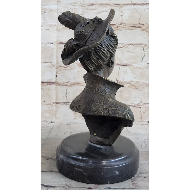 Elegant Girl With Dress Hat Bronze Sculpture Statue Art Deco Marble Base Figure