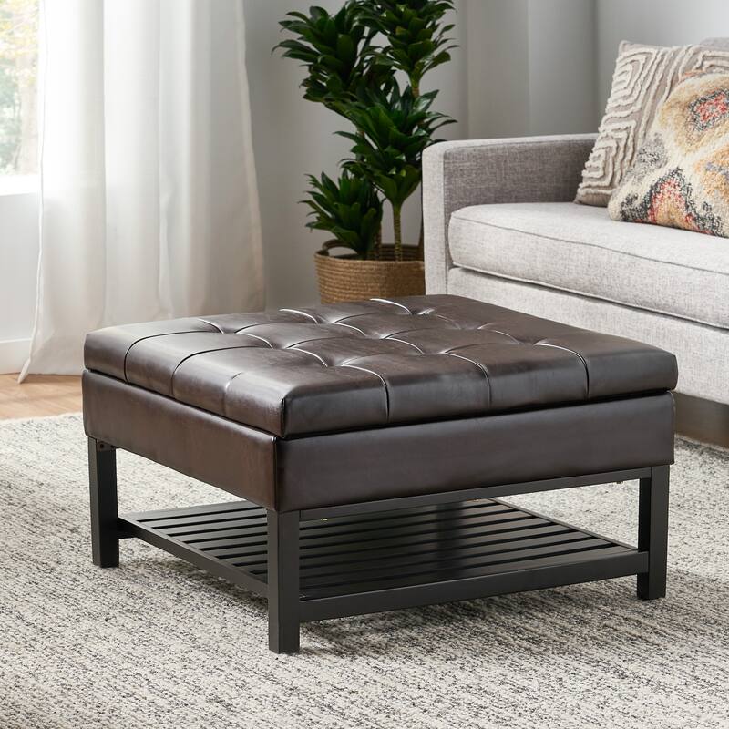 Roomfitters Square Tufted Ottoman with Lift-Top Storage and Slatted Shelf, Faux Leather Coffee Table, Dark Brown