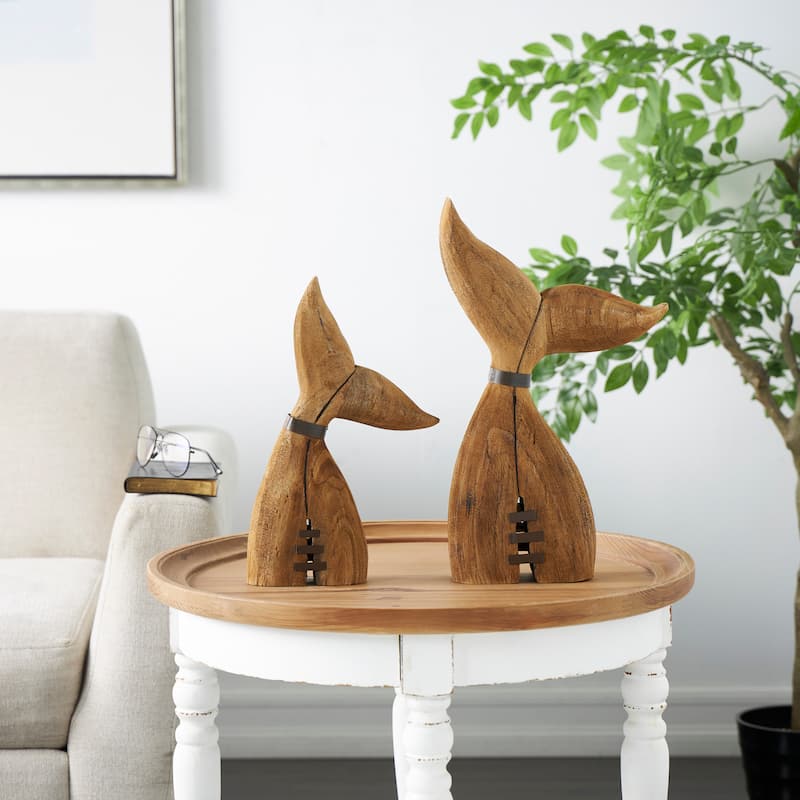 Brown Wood Handmade Tail Whale Decorative Sculpture with Metal Band Accents (Set of 2) - Brown
