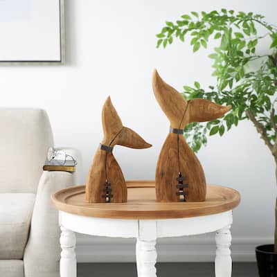 Brown Wood Handmade Tail Whale Decorative Sculpture with Metal Band Accents (Set of 2)