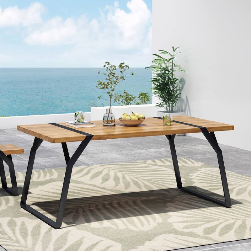 Roomfitters Outdoor Dining Table, Acacia Wood Top with Metal Frame, Patio or Garden Furniture in Natural Brown - Black