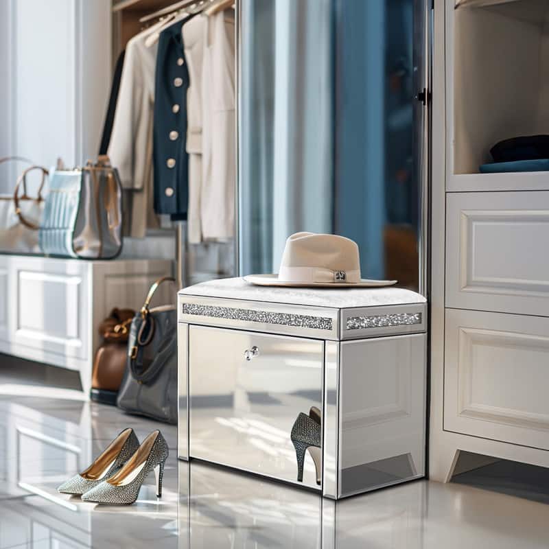 Pre-Assembled Mirrored Shoe Storage Bench with Flip Drawer Silver