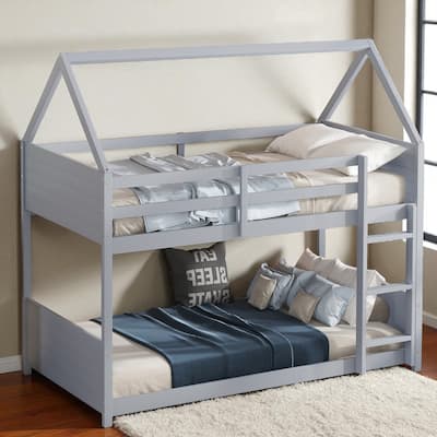 Twin Over Twin House Bunk Bed with Roof Frame, Guardrails, Ladder and Fluted Headboards, Solid Rubber Wood