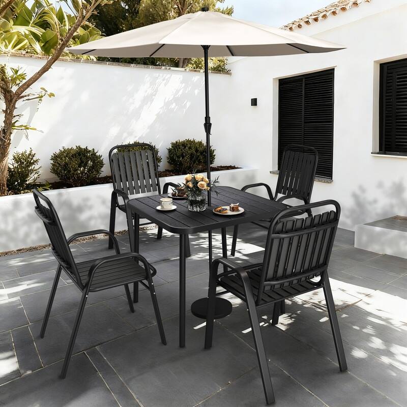 4-Person Patio Dining Set, Stackable Chairs and Square Steel Table with Umbrella Hole - Black