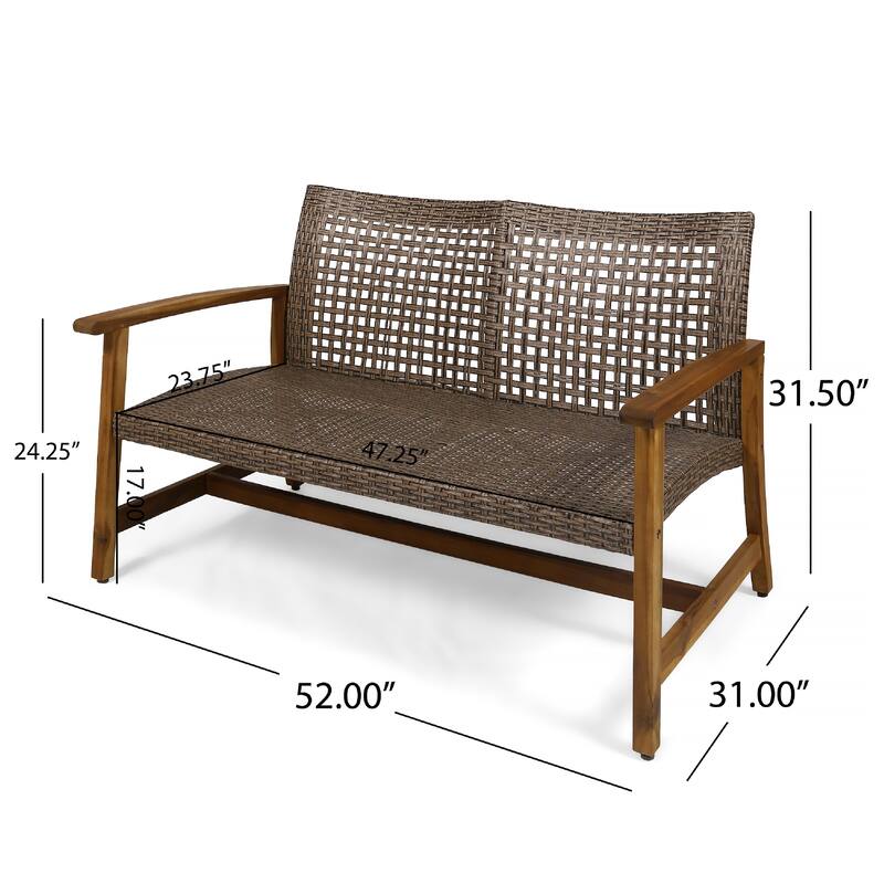 Bops Outdoor Loveseat, Natural Brown Acacia Wood, 52 Inch, Gray Wicker
