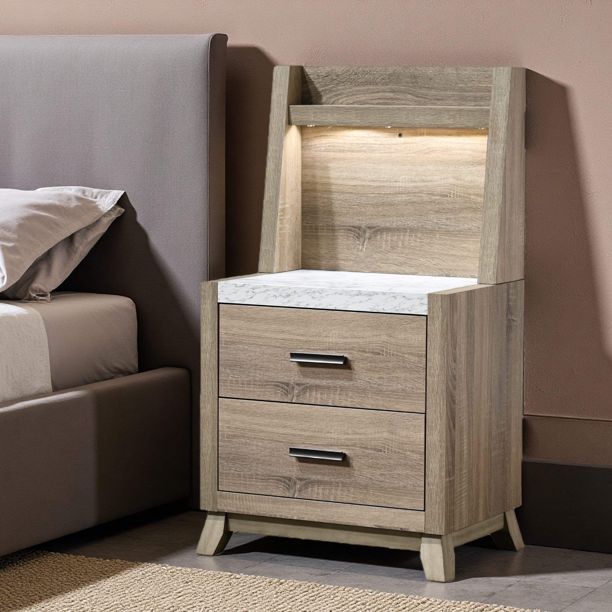 42.95"H Natural Solid Wood Rustic Transitional Nightstand with Faux Stone Top, LED Light, Wall Panel, 2-Drawer Bedside Cabinet