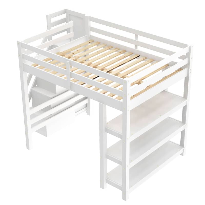3-Tier Shelves Loft Bed White Wood Bed Frame with Storage Staircase and Safety Guardrail, Bright LED Lights Underneath