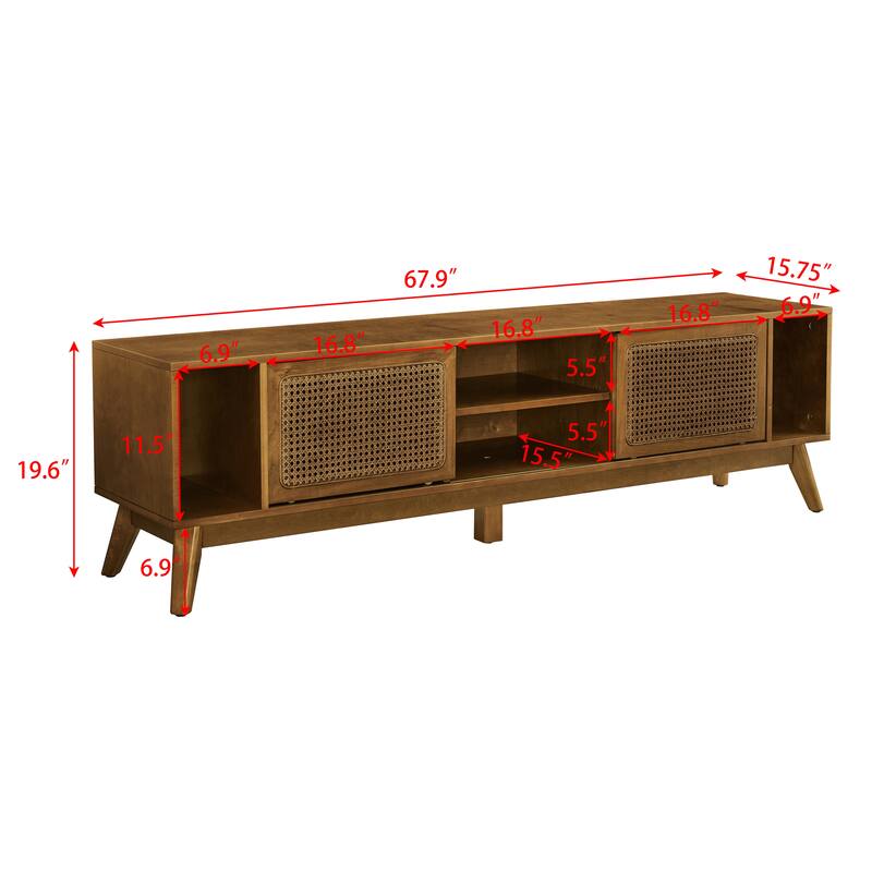 67.9" Mid-Century Modern Rattan TV Stand for TVs up to 75", Entertainment Cabinet with Sliding Doors & Solid Wood Legs