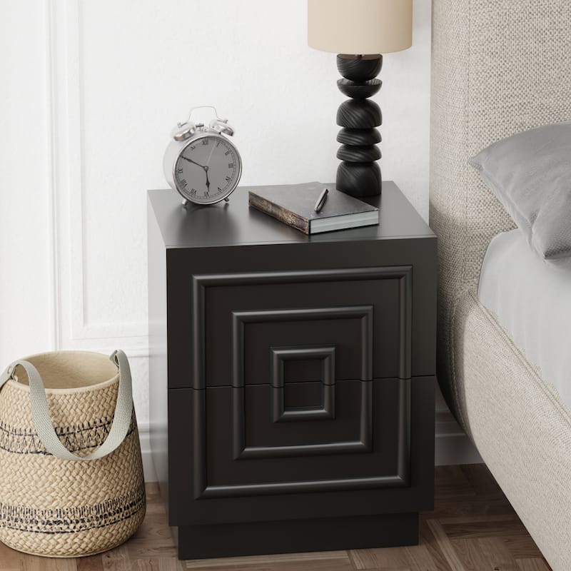 COZAYH Sculptural Mid-Century Modern Dresser & Nightstand with Geometric Square Pattern, Contemporary Chest and Bedside Table - Black - 2-drawer