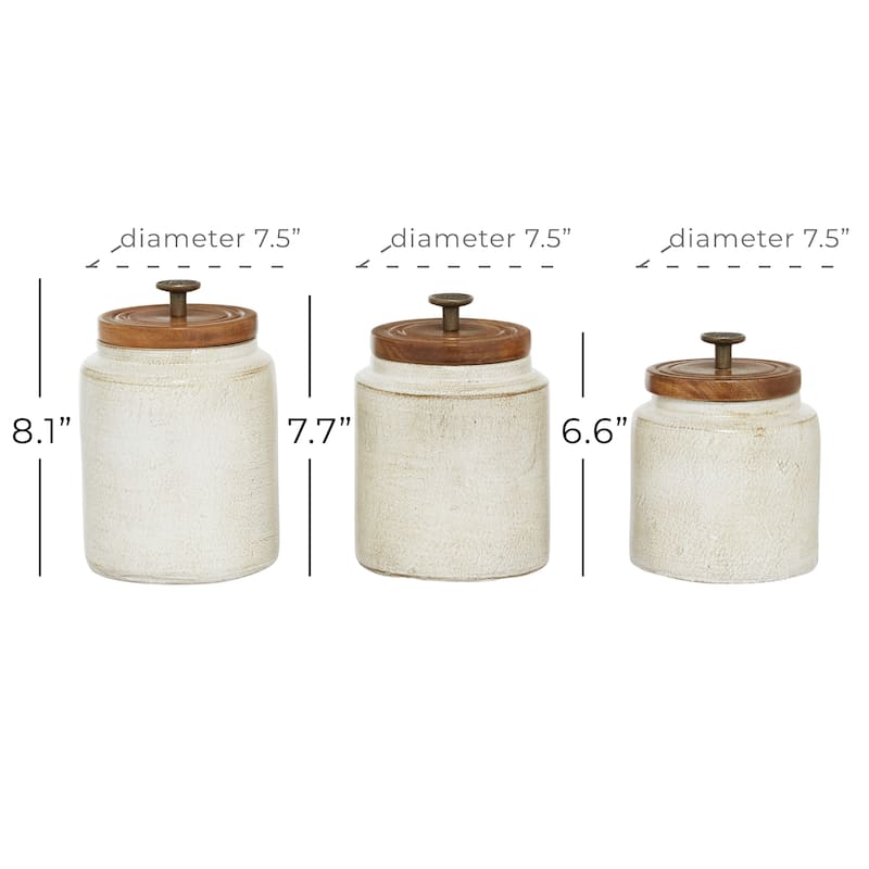 Ceramic Decorative Jars with Wood Lids - Set of 3 White - Roche River Decor - 6"W x 5"L x 8"H