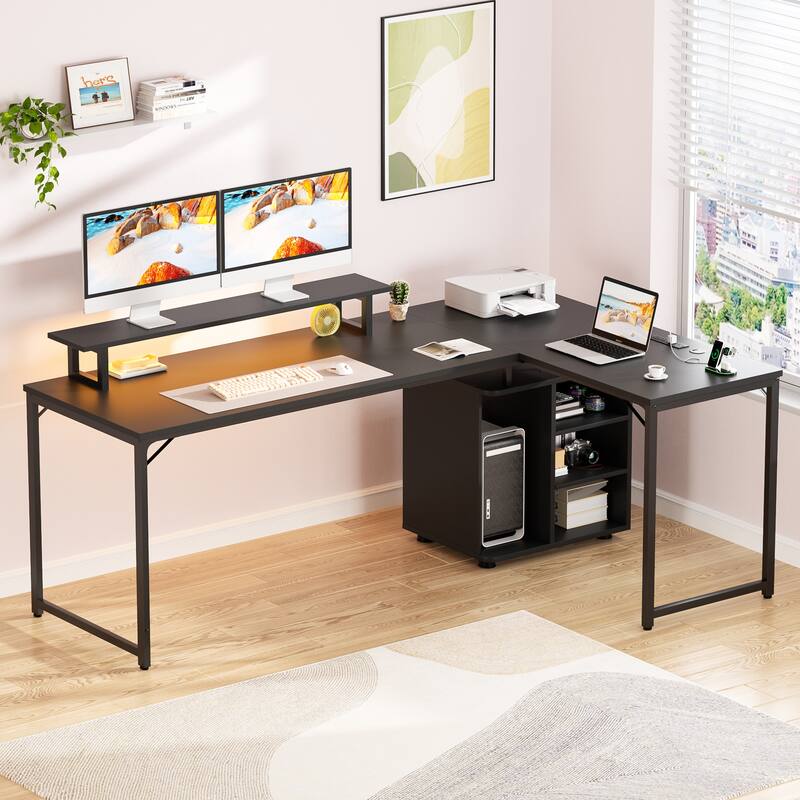 58.3'' L-Shaped Gaming Desk with Storage Cube, Office Computer Table with USB Ports and LED Lights - Black