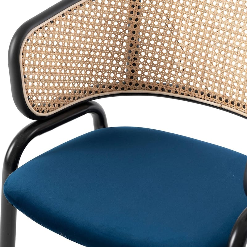 Mid Century Modern Arm Chairs - Velvet Seat & Wicker Back - Dining Room Accent Chairs - Set of 2 - Navy Blue