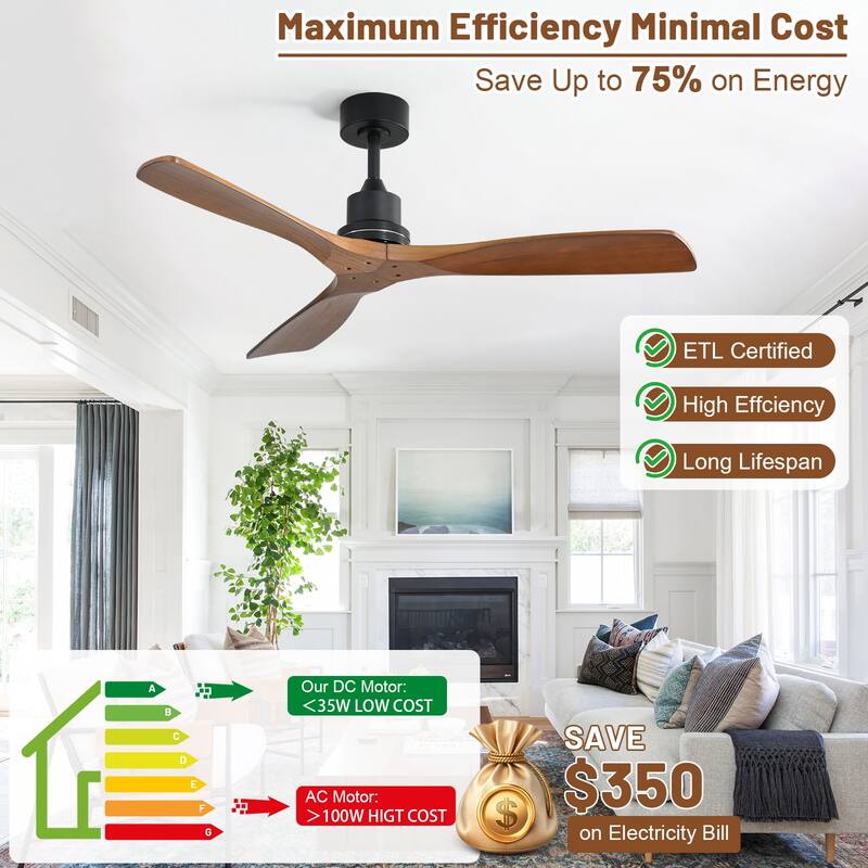 Sofucor 52 Inch Ceiling Fan without Light Solid Wood,with Remote,Smart Optional-Alexa/Google Assistant/APP/Remote Control
