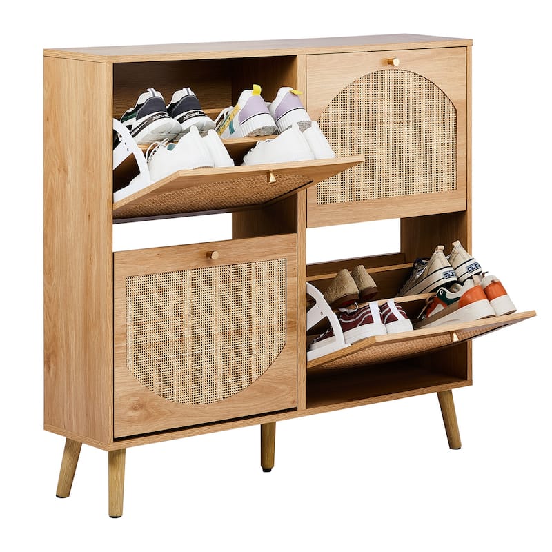 Wooden 2 Tier Flip Down Shoe Cabinet with Natural Rattan Arched Fronts Slim Design and 8 Compartments for 12 to 16 Pairs