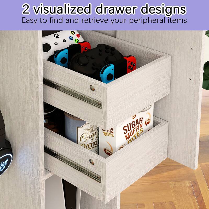 Anmytek Slim Antique White Game Console Storage Cabinet with 2 Drawers & 3 Hooks, AV Media Stand for PS5 Xbox