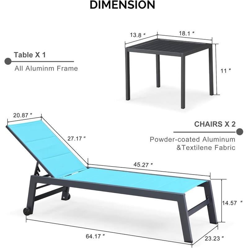 PURPLE LEAF Outdoor Chaise Lounge Set of 2 Aluminum Patio Lounge Chair with Wheels and Side Table