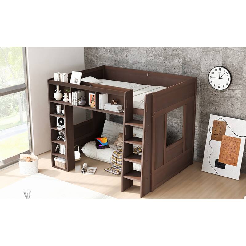 Roomfitters Queen Size Loft Bed with Storage Cabinets and Bookshelves