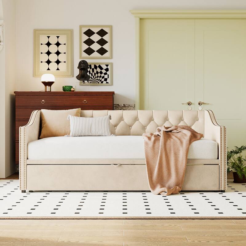 Beige Twin Upholstered Daybed with Pop-Up Trundle