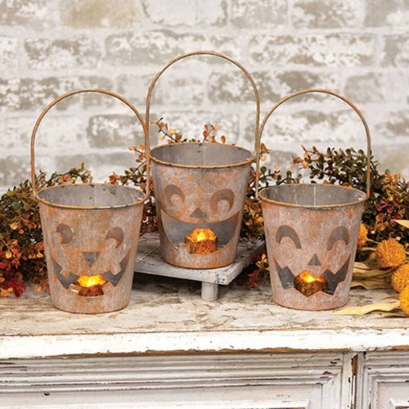 Distressed Whitewashed Orange Metal Jack O’ Lantern Luminary Buckets, 3 Asstd - Distressed Whitewashed Orange