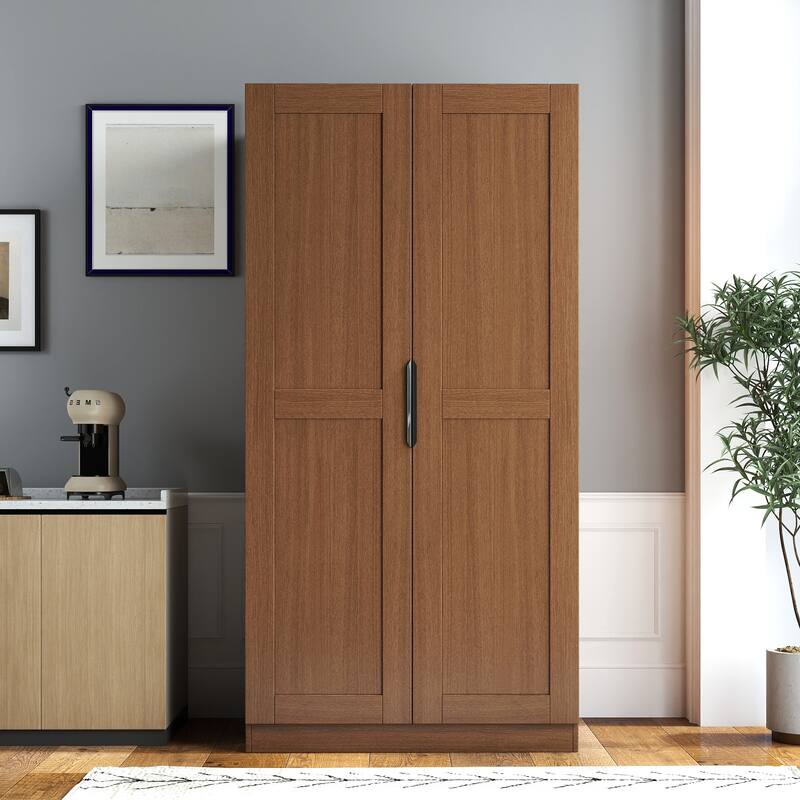 Roomfitters 63" Tall Kitchen Pantry Cabinet, Freestanding Buffet Cupboard with Doors & Adjustable Shelves, Walnut Finish