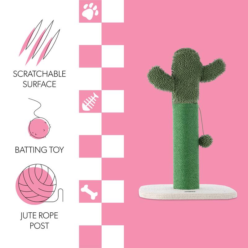 Pecos 21" Modern Jute Cactus Cat Scratching Post with Fuzzy Toy, Green/White