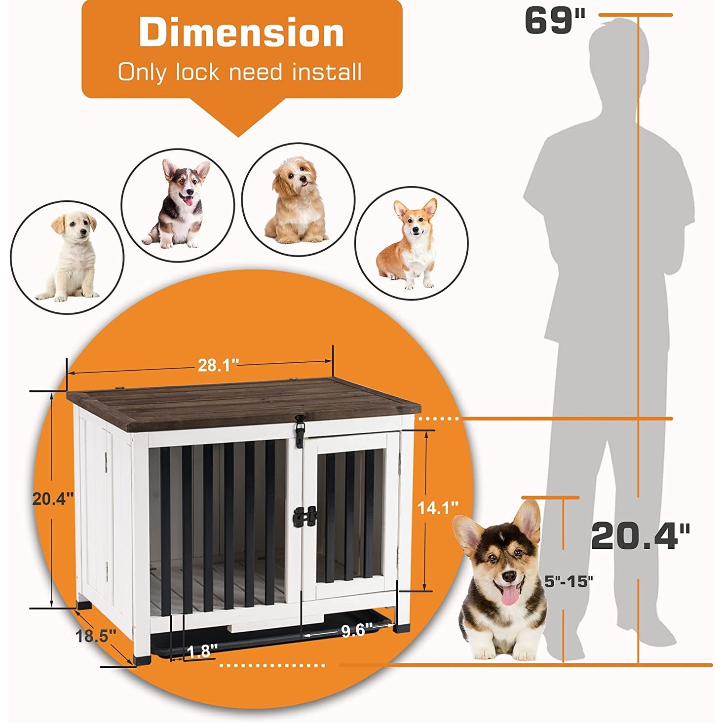 MCombo Dog Crate Furniture with Removable Tray Solid Wood 1256 1279 1295 28.1 x 18.5 x 20.4 Black