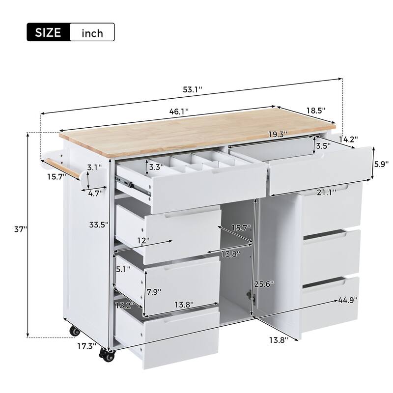 Rubberwood Kitchen Cart with Drop Leaf, Internal Storage Rack, Tableware organizer, and 8 drawers