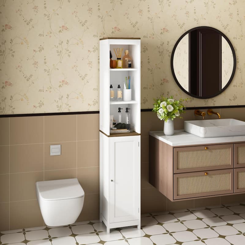 Tall Bathroom Storage Cabinet with Reversible Door, Freestanding Linen Tower with Open Shelves and Enclosed Cabinet