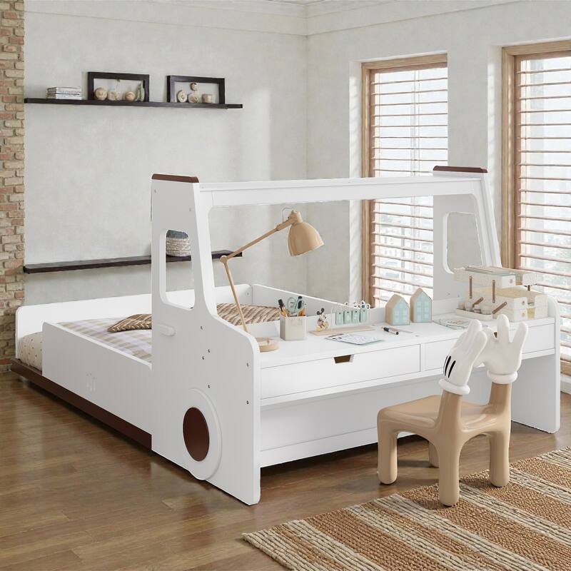 Kids Car Floor Bed with Storage Drawers and Desk, Car-Shaped Wood Floor Bed with Window, Twin Full Sizes - White - Full
