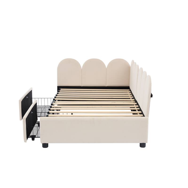 L-Shape Garden Backrest Daybed, Velvet Upholstered Sofabed with 2 Drawers, Soft Fabric Headboard Platform Bed Frame