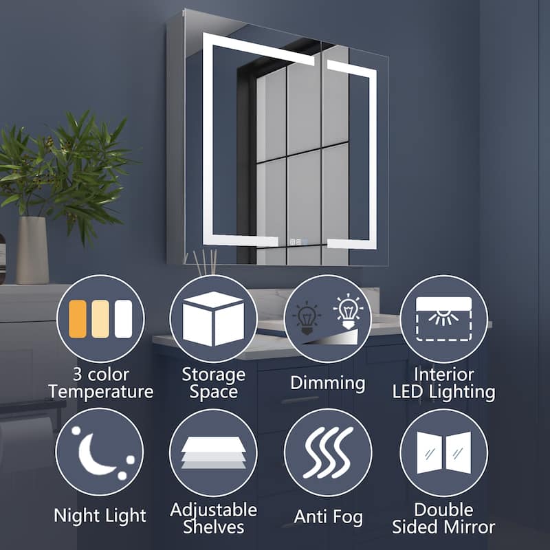 ExBrite 36" x 30" LED Lighted Bathroom Medicine Cabinet with Mirror,Recessed or Surface Mount,Defog
