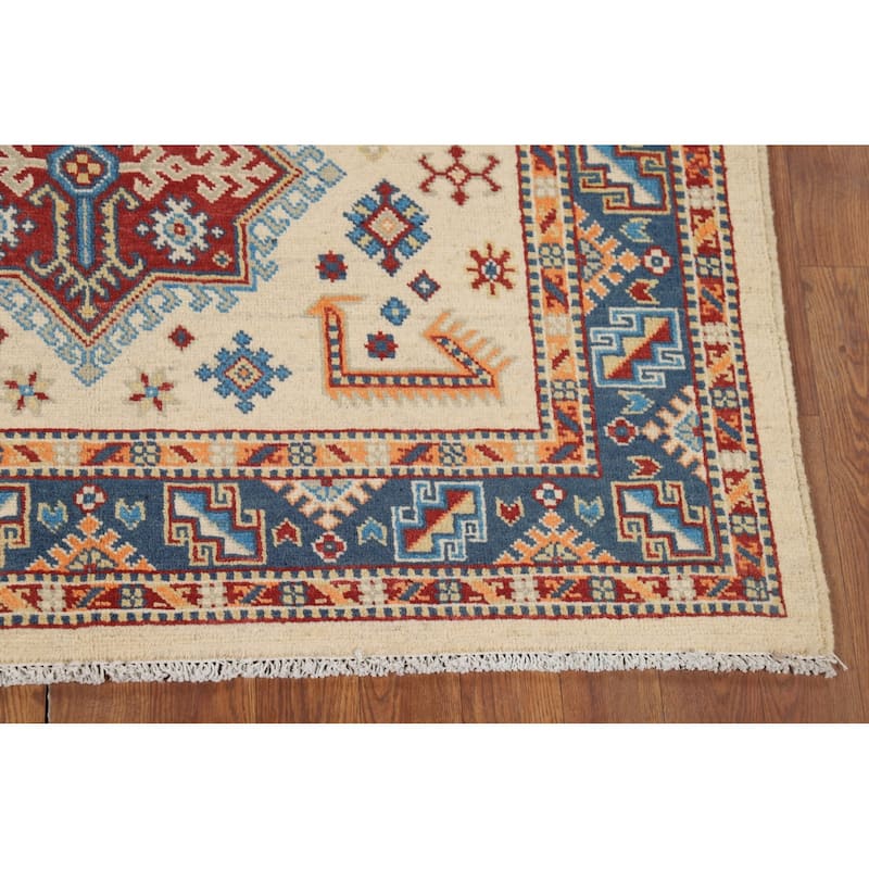 Geometric Ivory Kazak Accent Rug Handmade Wool Carpet - 4'0" x 5'11"