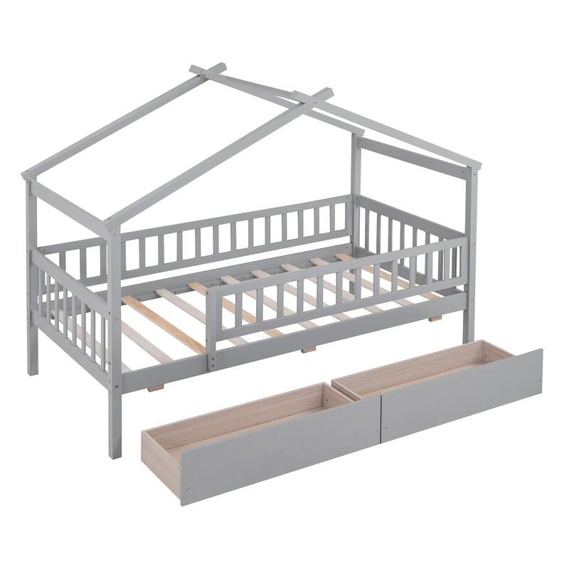 Wooden House Bed for Kids with Two Storage Drawers, Sturdy Twin Size Design