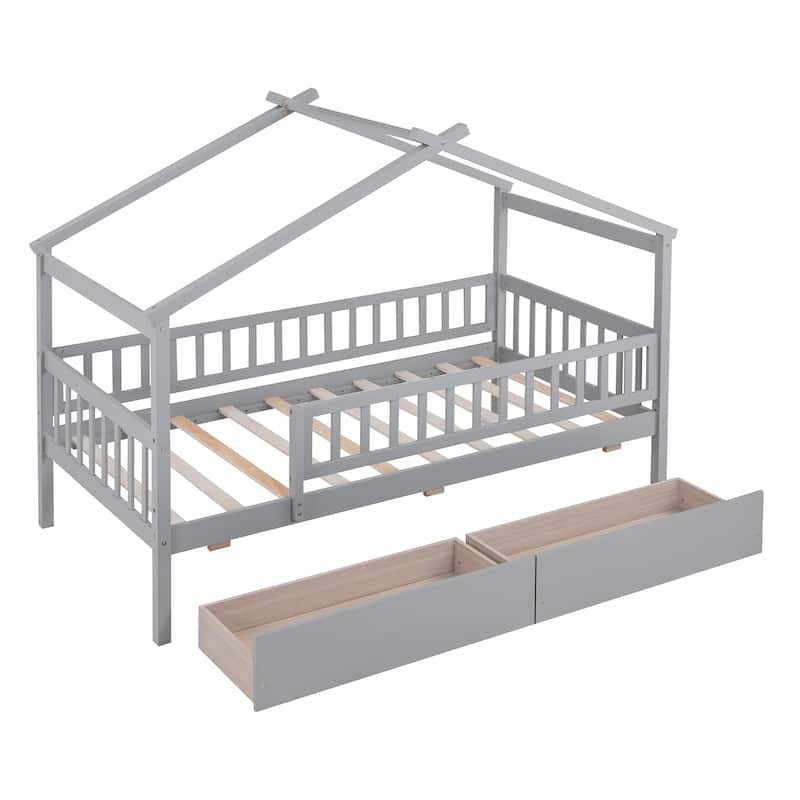 Wooden House Bed with Two Drawers and Fence