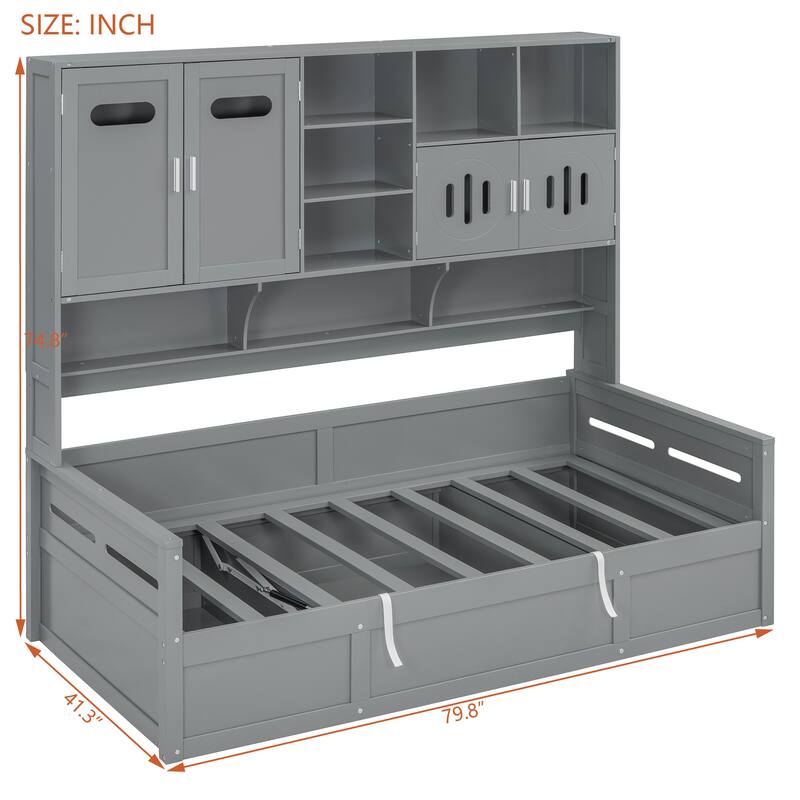 Wooden Daybed Storage Platform Bed with All-in-One Cabinet and Shelf, 10 Slats Multi-Functional Space-Optimizing Bed Frame