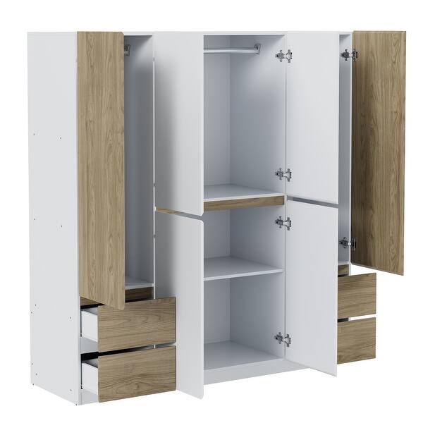 dimension image slide 0 of 2, Freestanding Wardrobe Closet Cabinet with Hanging Rods & 4 Drawers, 6-Doors Wooden Clothes Storage Cabinet Bedroom Armoire