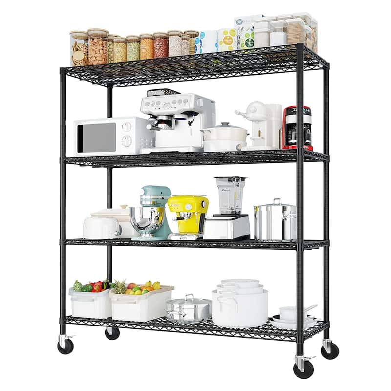 Black Adjustable 4-Layer Metal Storage Rack with Lockable Casters for Home and Commercial Use