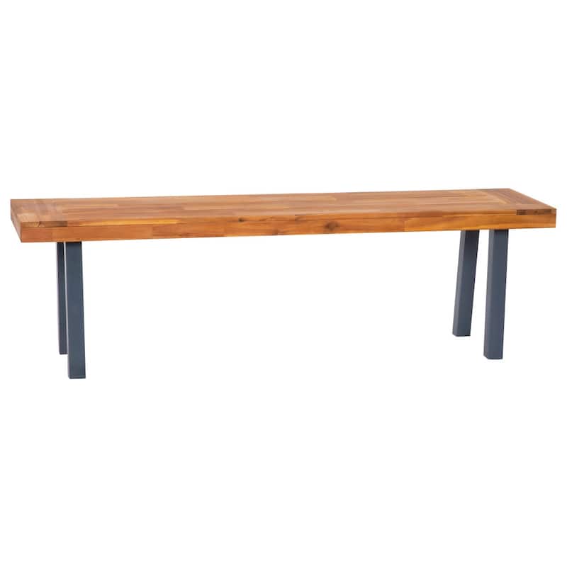 Indoor/Outdoor Solid Acacia Wood Slat Top Bench with Wood Legs