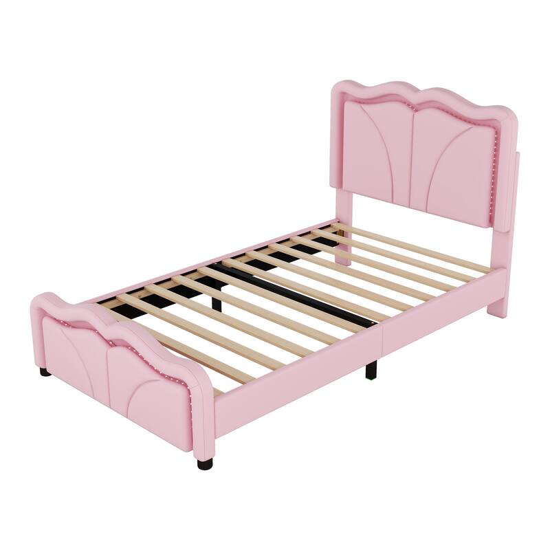 Pink Twin Upholstered Platform Bed with Adjustable Headboard & LED Lights