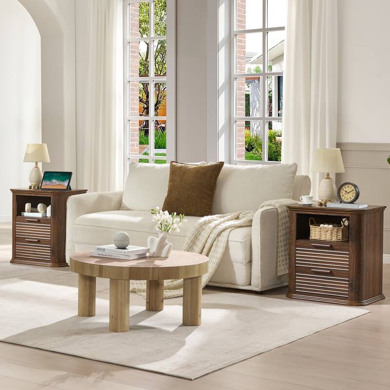 22" Fluted Night Stand with Charging Station, End Table with 2 Drawers & Open Storage, Side Tables Curved Profile Design