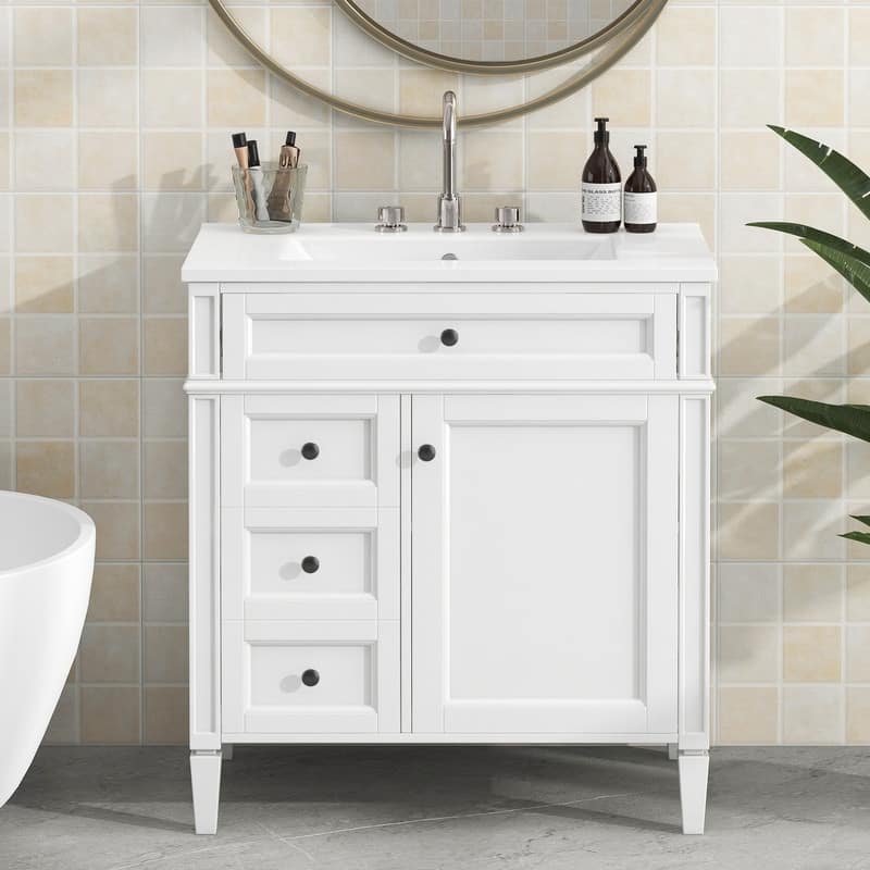30" Modern Bathroom Vanity with Top-Mounted Sink, Featuring Two Drawers, A Tip-Out Drawer, And A Sleek Single-Sink Design .