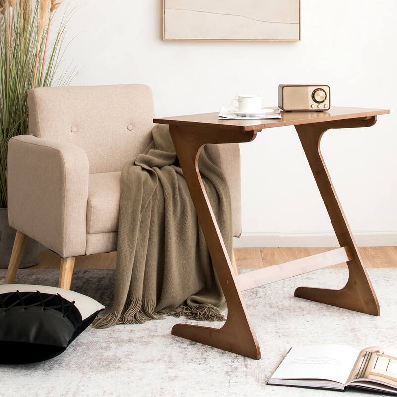 Costway Bamboo Sofa Side Table Z-Shaped Spacious Tabletop Space-Saving - See Details