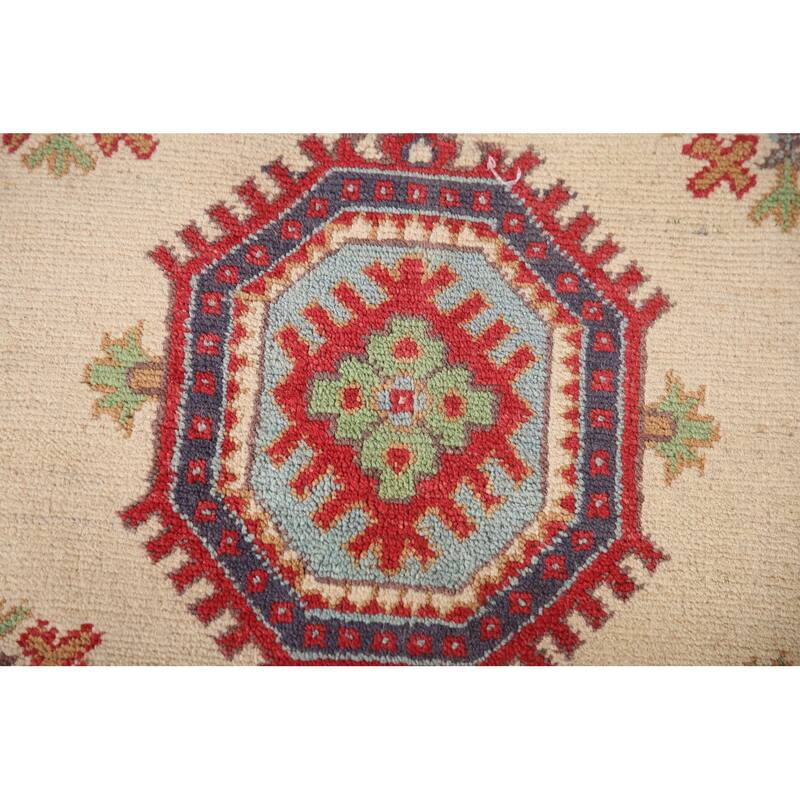 Beige Kazak Area Rug Hand-Knotted Geometric Wool Carpet - 6'6" x 9'2"