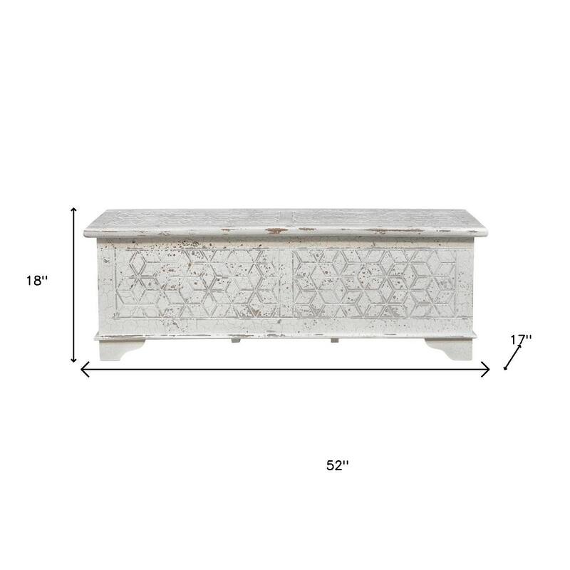 HomeRoots 52" White Rustic Solid Wood Geometric Storage Ottoman