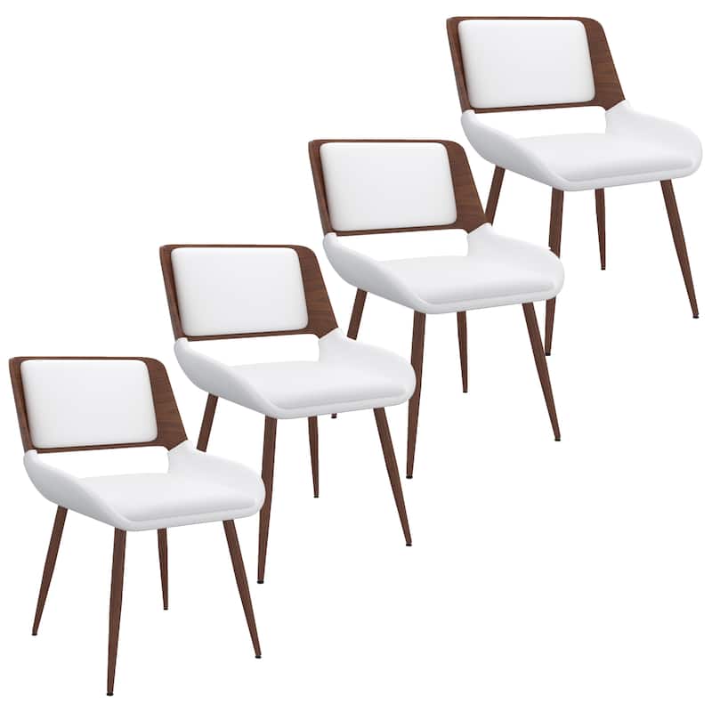 Mid-Century Modern Faux Leather, Metal and Wood Dining Chair Set of 4 - White and Walnut