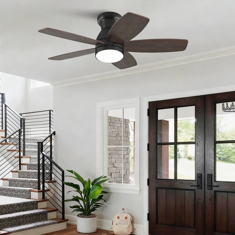 32-inch Low-Profile Ceiling Fan with Light and Remote Control, Dimmable Quiet DC Motor - Black + Dark Walnut